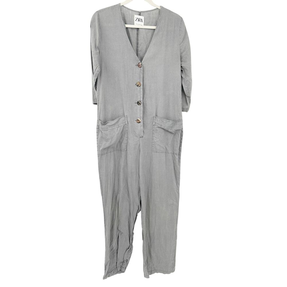 Zara Womens Boho Beachy Lillian 3/4 Sleeve Straight Leg 100% Jumpsuit Small Gray
